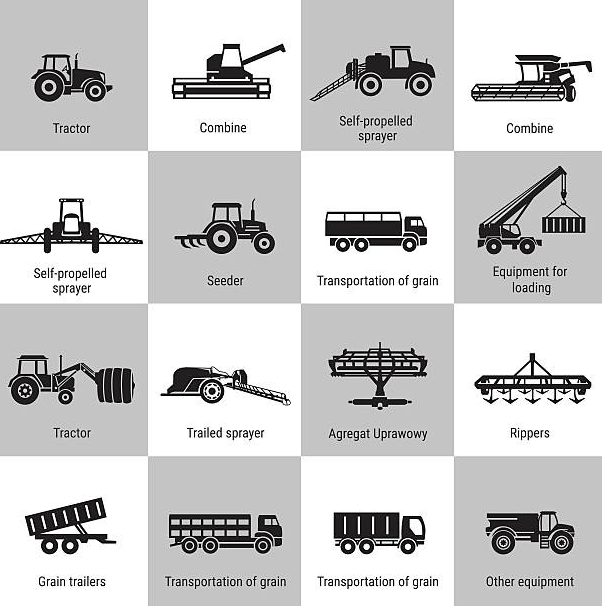 types of agricultural machinery in minimalistic design