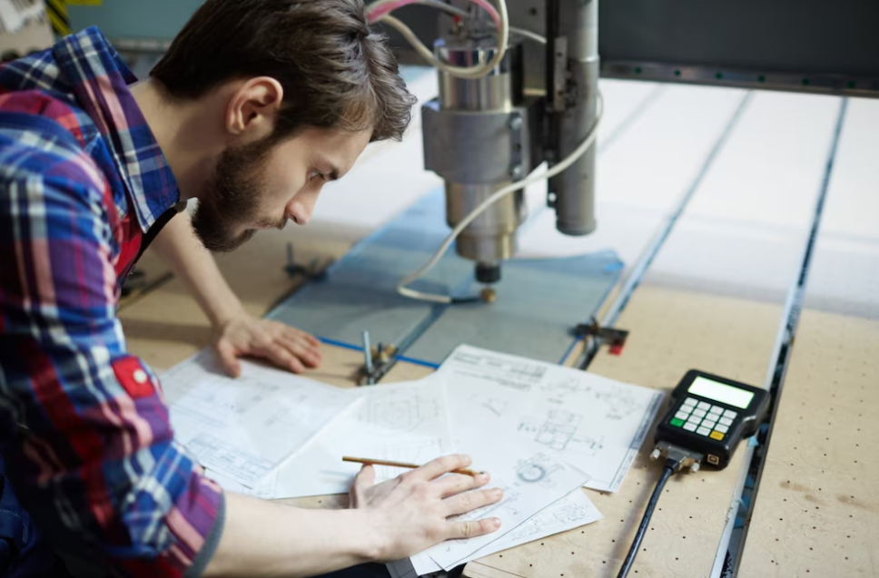 man in a colorful shirt makes sketches and CNC machine near him