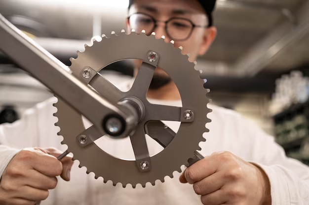 Man with glasses holding a mechanical gear