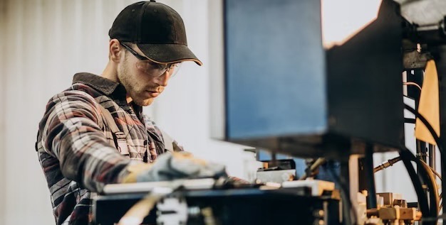 A man in safety glasses works at a machine